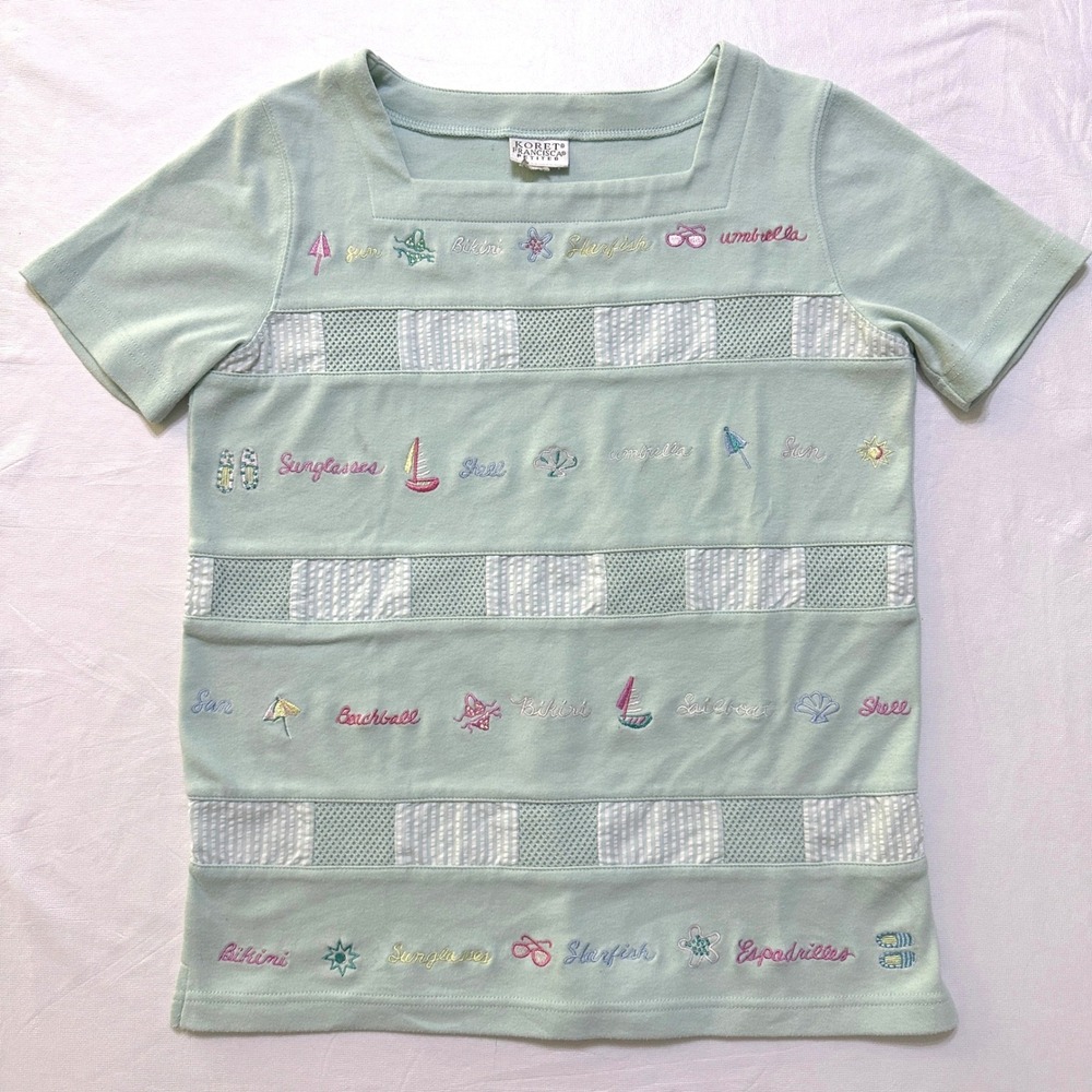 Koret Vintage Nautical Embroidered Top M Mint Green Pastel Preppy Retro Kidcore